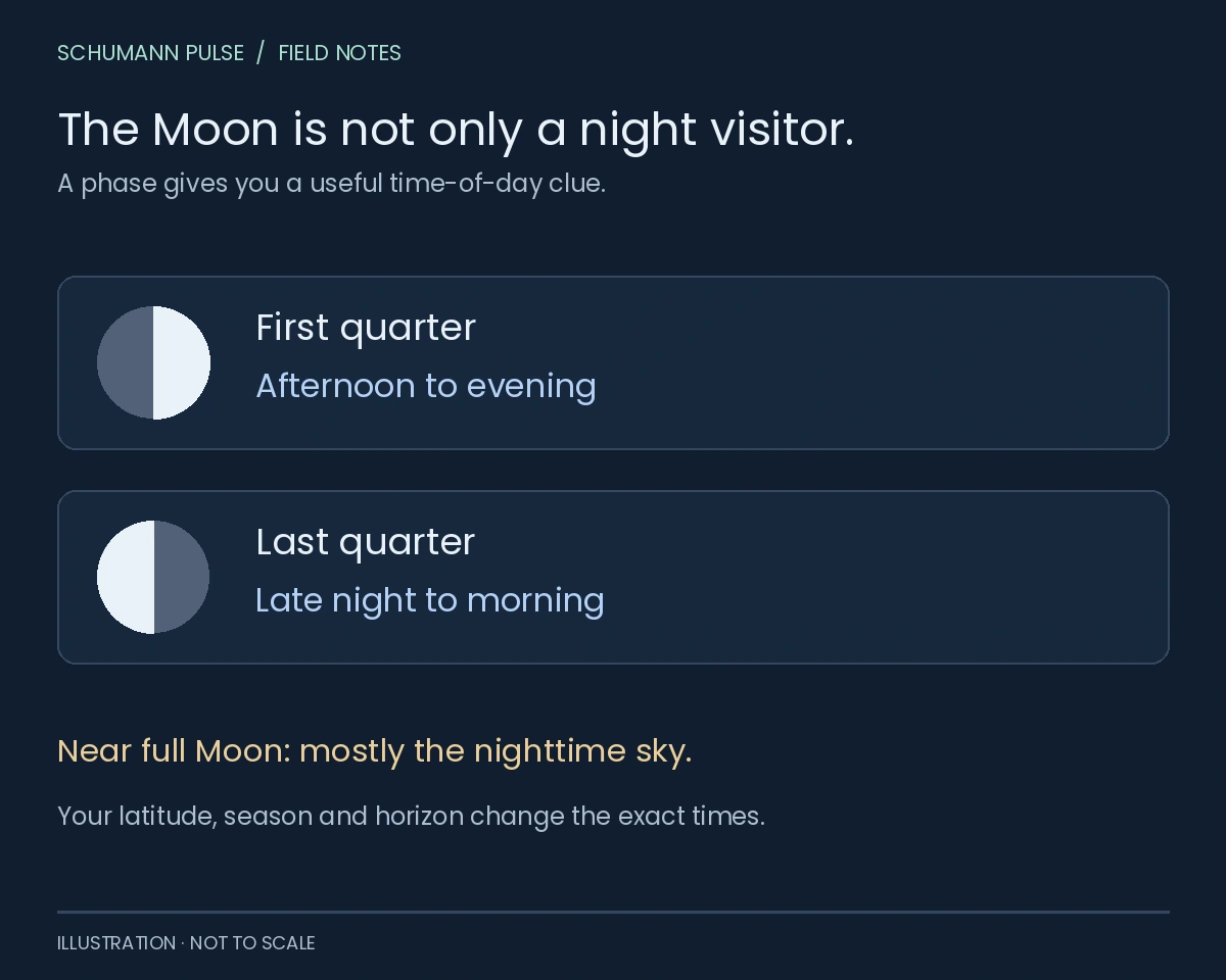 Daytime moon clock First quarter favors afternoon and evening viewing; last quarter favors late night and morning. Near full Moon, viewing is mostly at night. These are approximate phase clues, not local rise or set times.