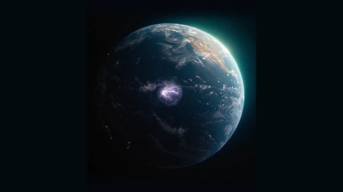 Artistic illustration of Earth with lightning illuminating clouds.