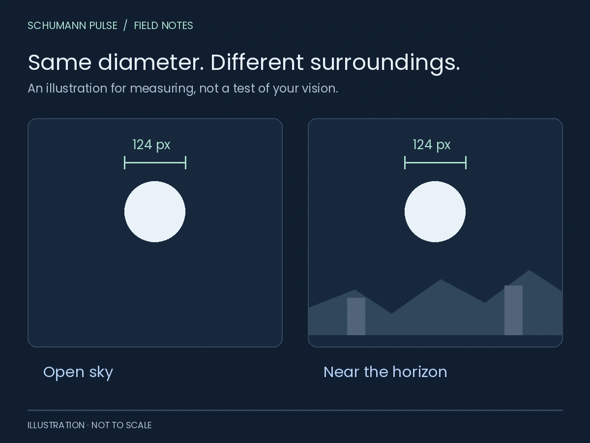 Moon illusion measure Two drawn Moon discs both measure 124 pixels across. One sits in open sky and one above an illustrated horizon. The rulers show identical diameters.
